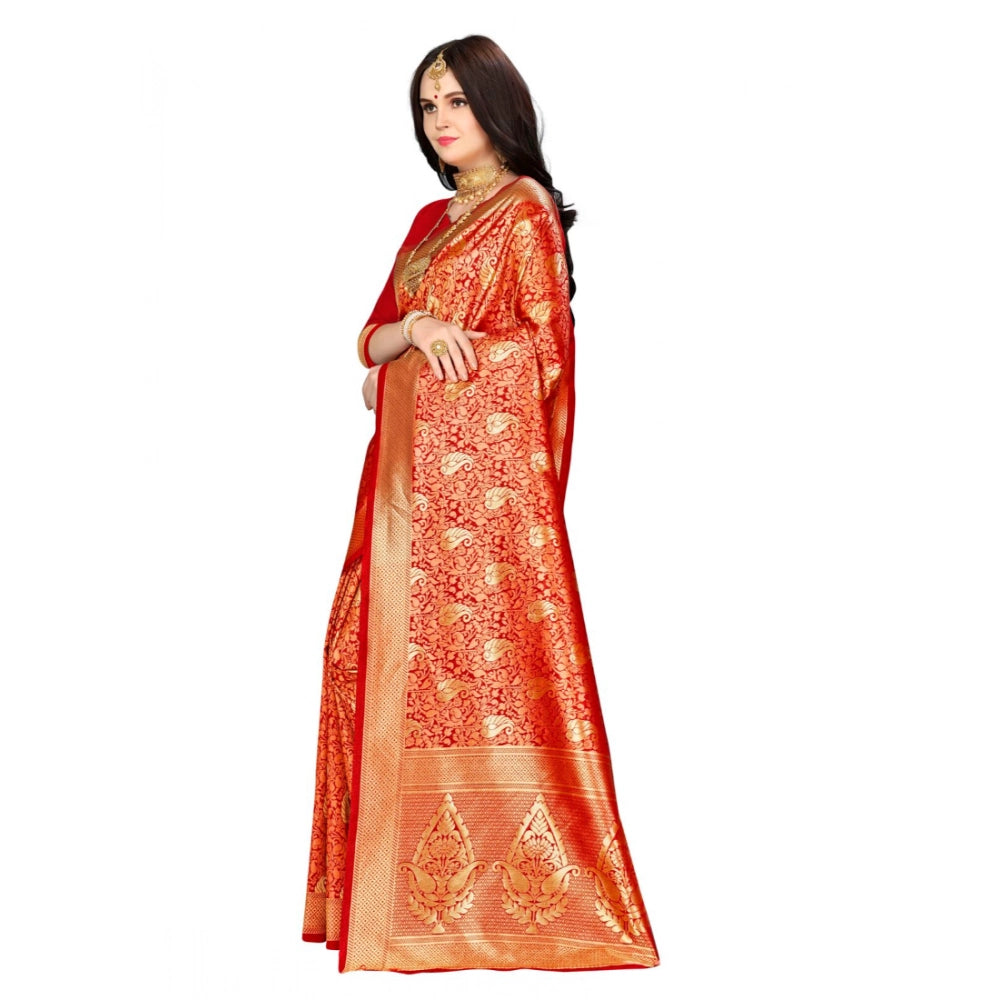 Generic Women's Banarasi silk Saree with Blouse (Red, 5-6mtr) Secondary image