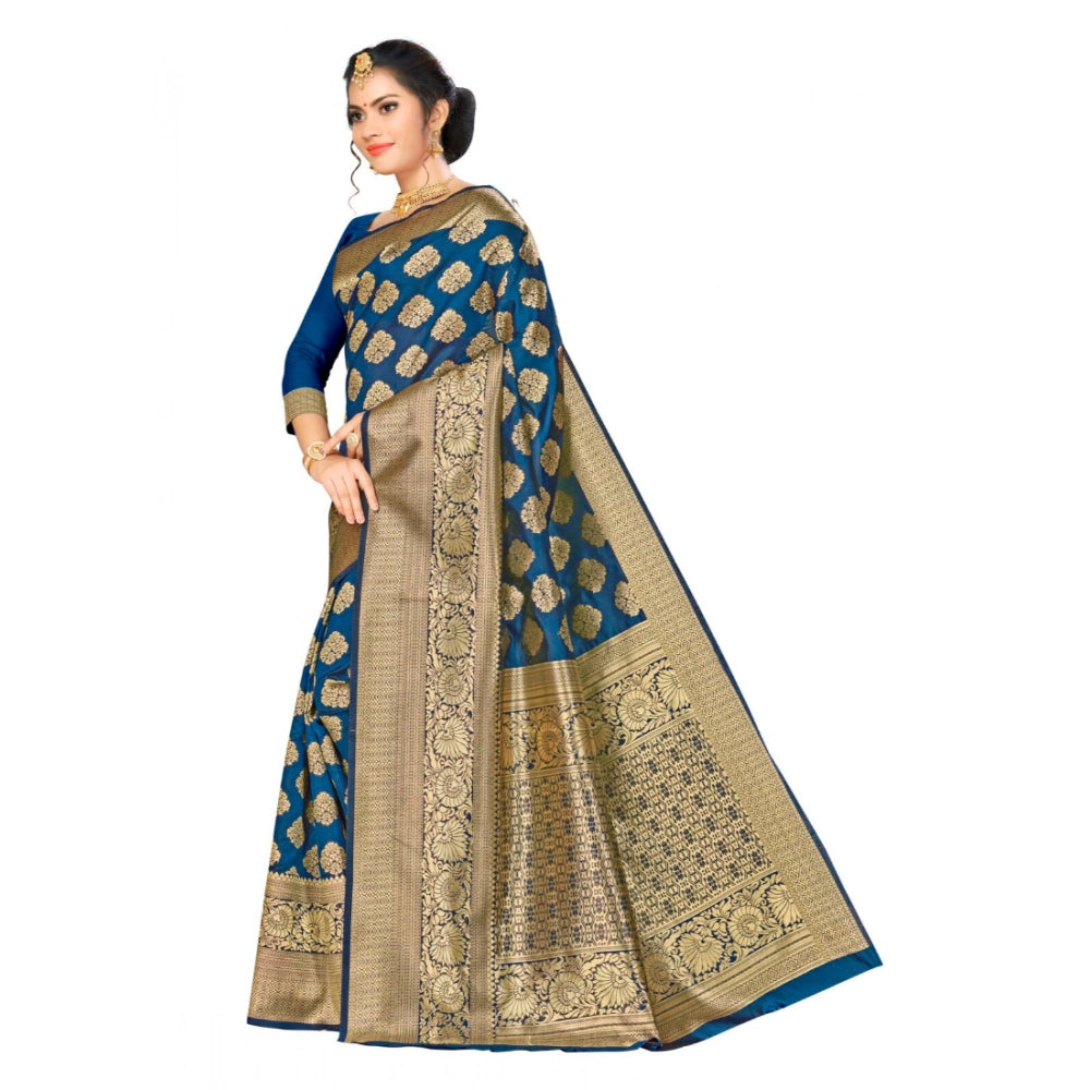 Generic Women's Banarasi silk Saree with Blouse (Navy blue, 5-6mtr) Secondary image