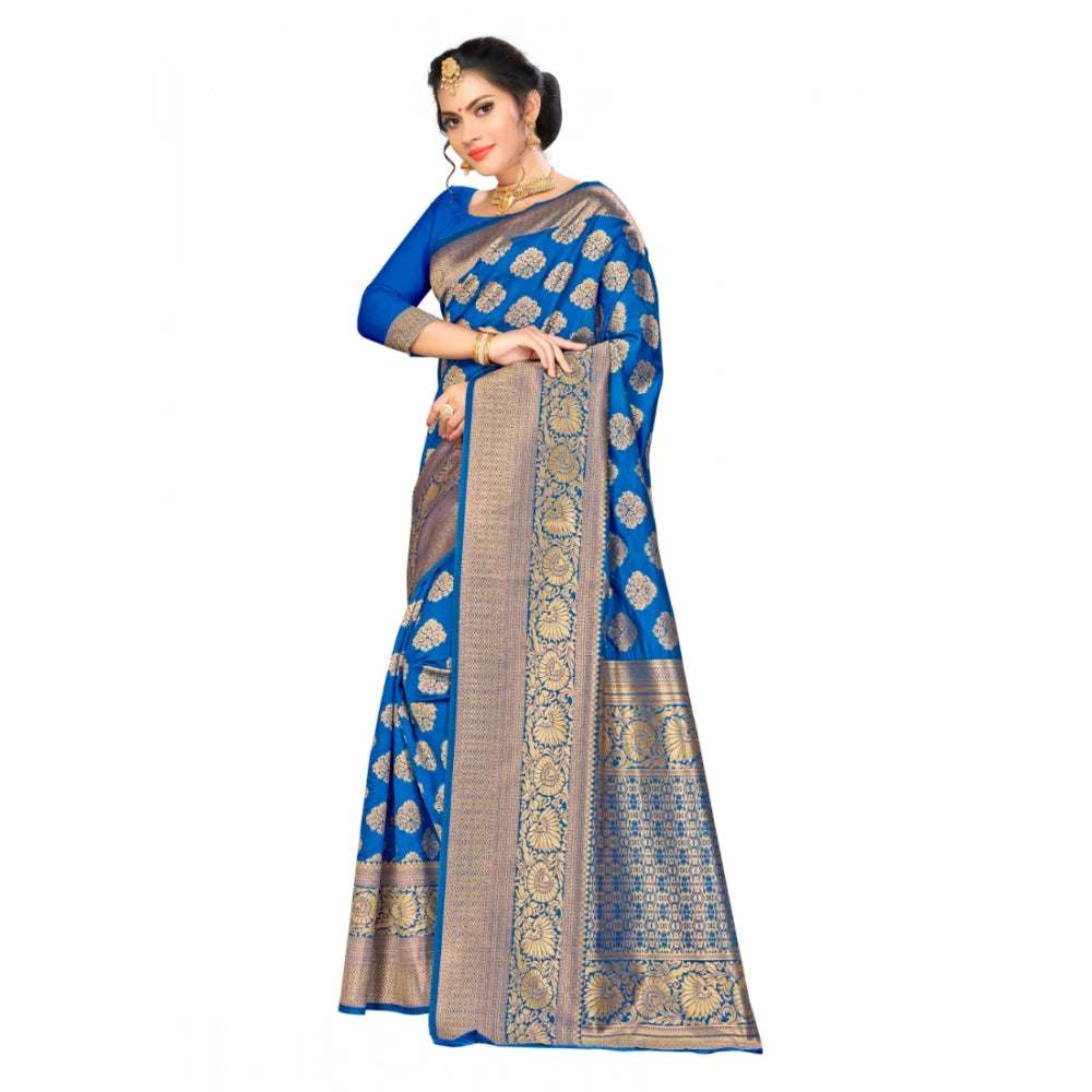 Generic Women's Banarasi silk Saree with Blouse (Blue, 5-6mtr) Secondary image