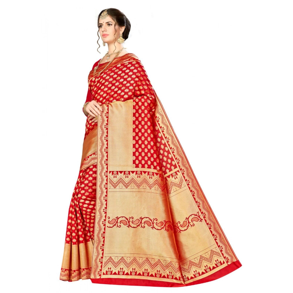 Generic Women's Banarasi silk Saree with Blouse (Red, 5-6mtr) Secondary image