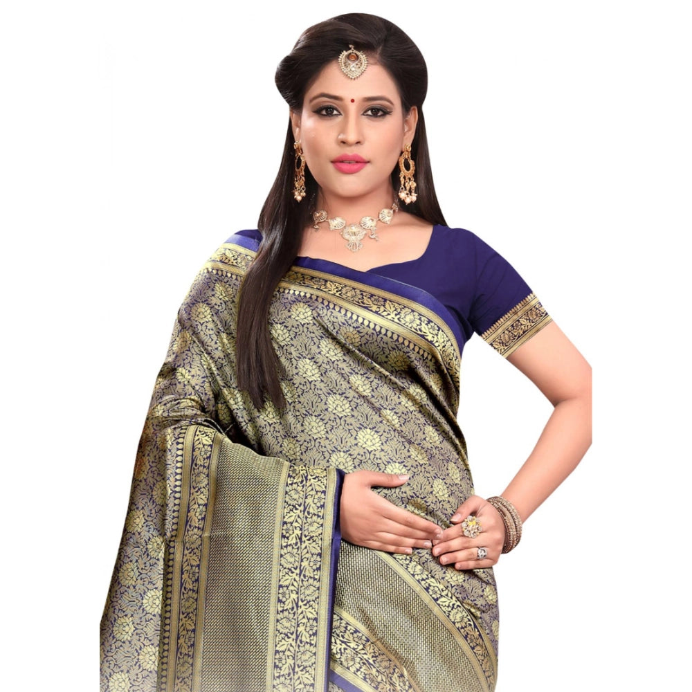 Generic Women's Banarasi silk Saree with Blouse (Navy blue, 5-6mtr) Secondary image