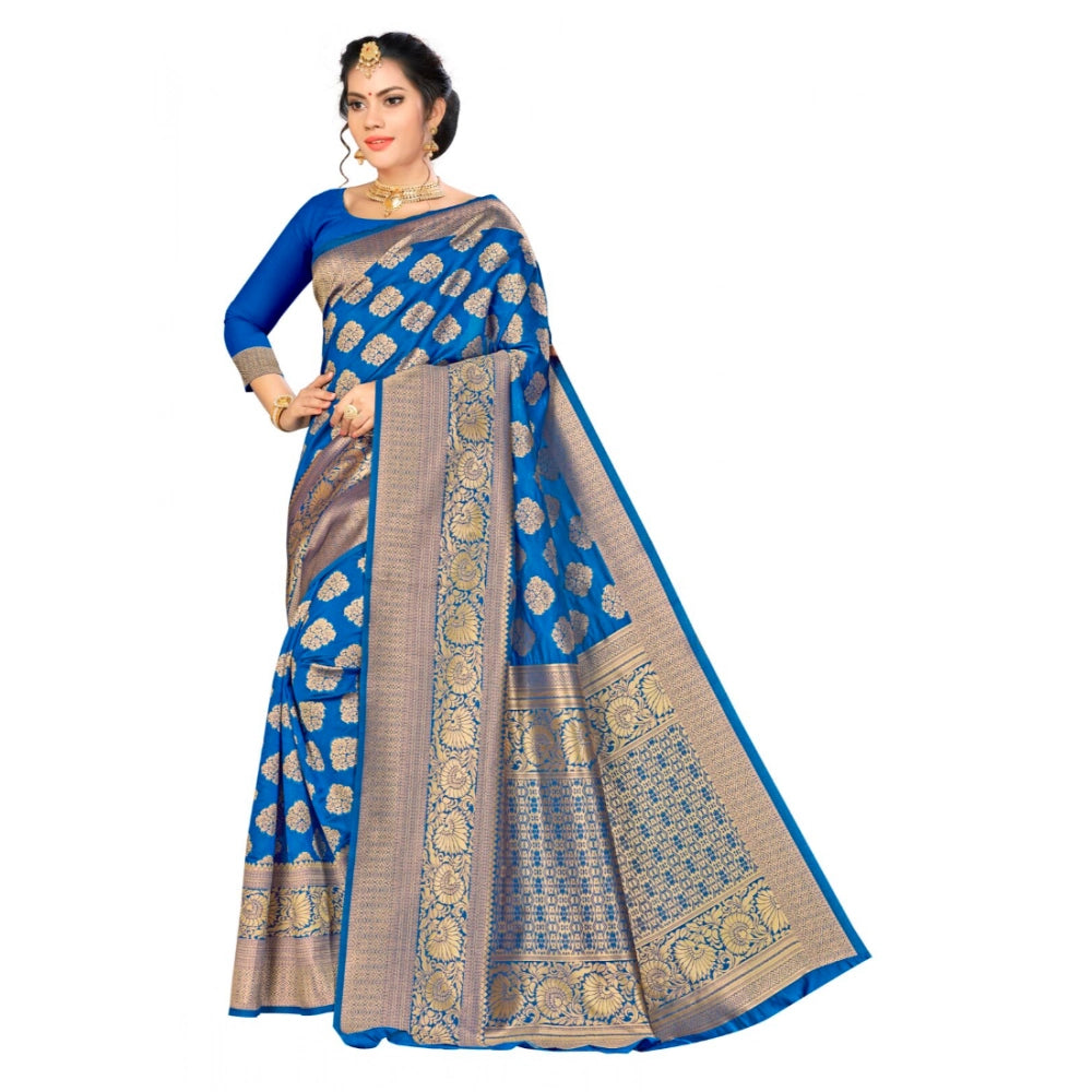 Generic Women's Banarasi silk Saree with Blouse (Blue, 5-6mtr) Main image