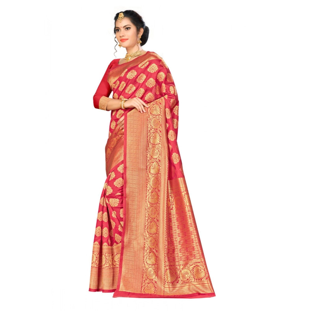 Generic Women's Banarasi silk Saree with Blouse (Red, 5-6mtr) Secondary image