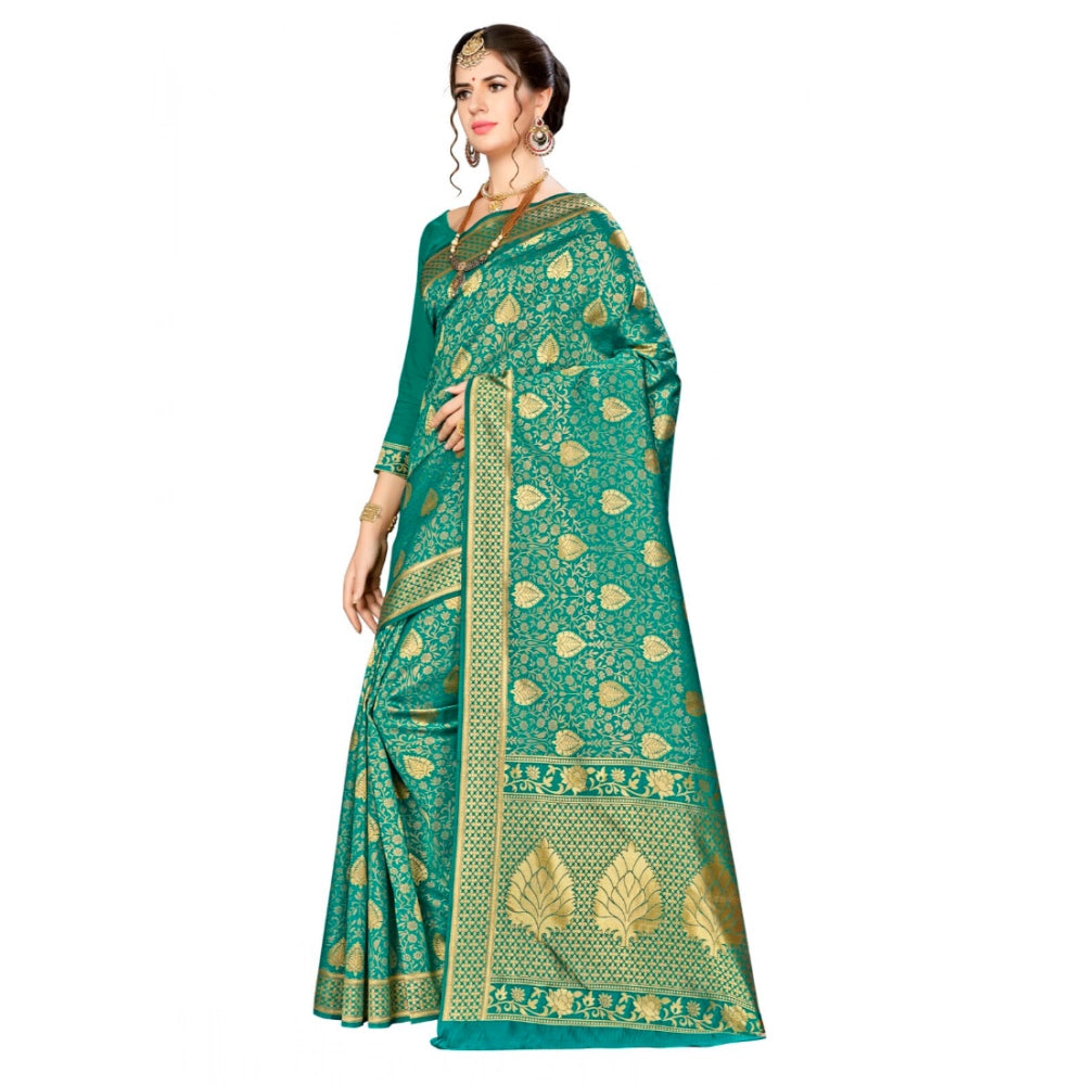 Generic Women's Banarasi silk Saree with Blouse (Green, 5-6mtr) Secondary image