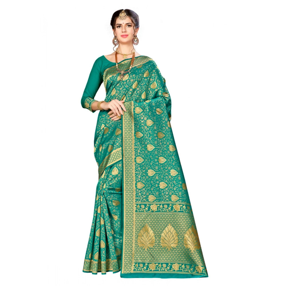 Generic Women's Banarasi silk Saree with Blouse (Green, 5-6mtr) Main image