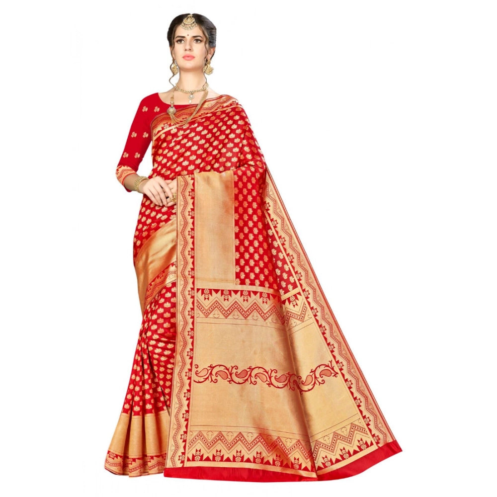 Generic Women's Banarasi silk Saree with Blouse (Red, 5-6mtr) Main image