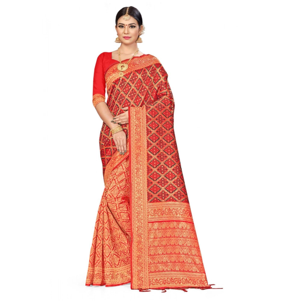 Generic Women's Banarasi silk Saree with Blouse (Red,black, 5-6mtr) Main image