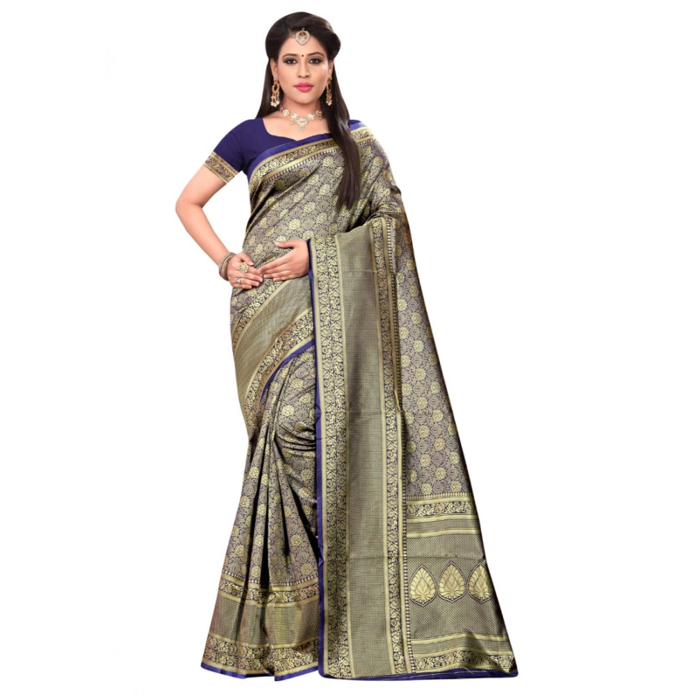 Generic Women's Banarasi silk Saree with Blouse (Navy blue, 5-6mtr) Main image