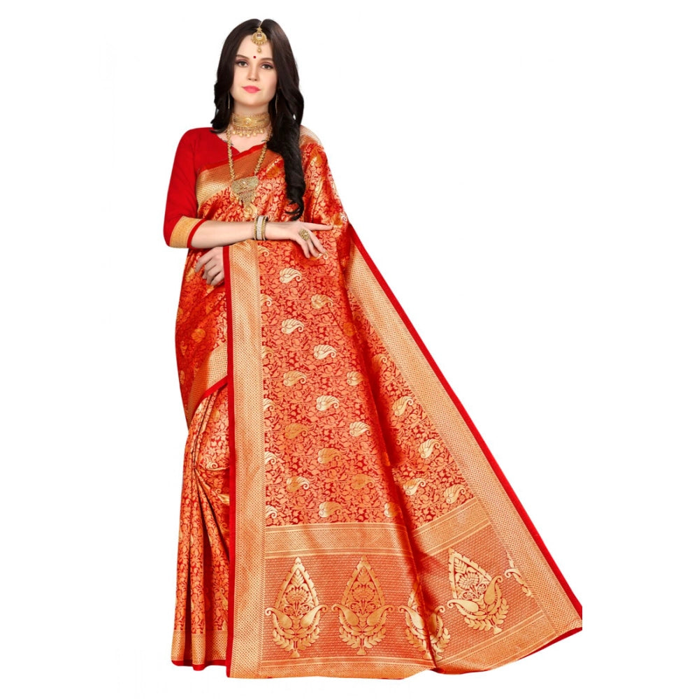 Generic Women's Banarasi silk Saree with Blouse (Red, 5-6mtr) Main image