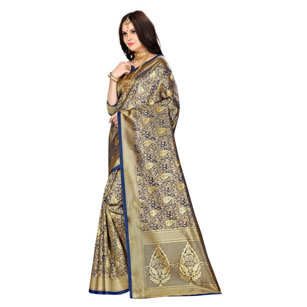 Generic Women's Banarasi silk Saree with Blouse (Navy blue, 5-6mtr) Secondary image