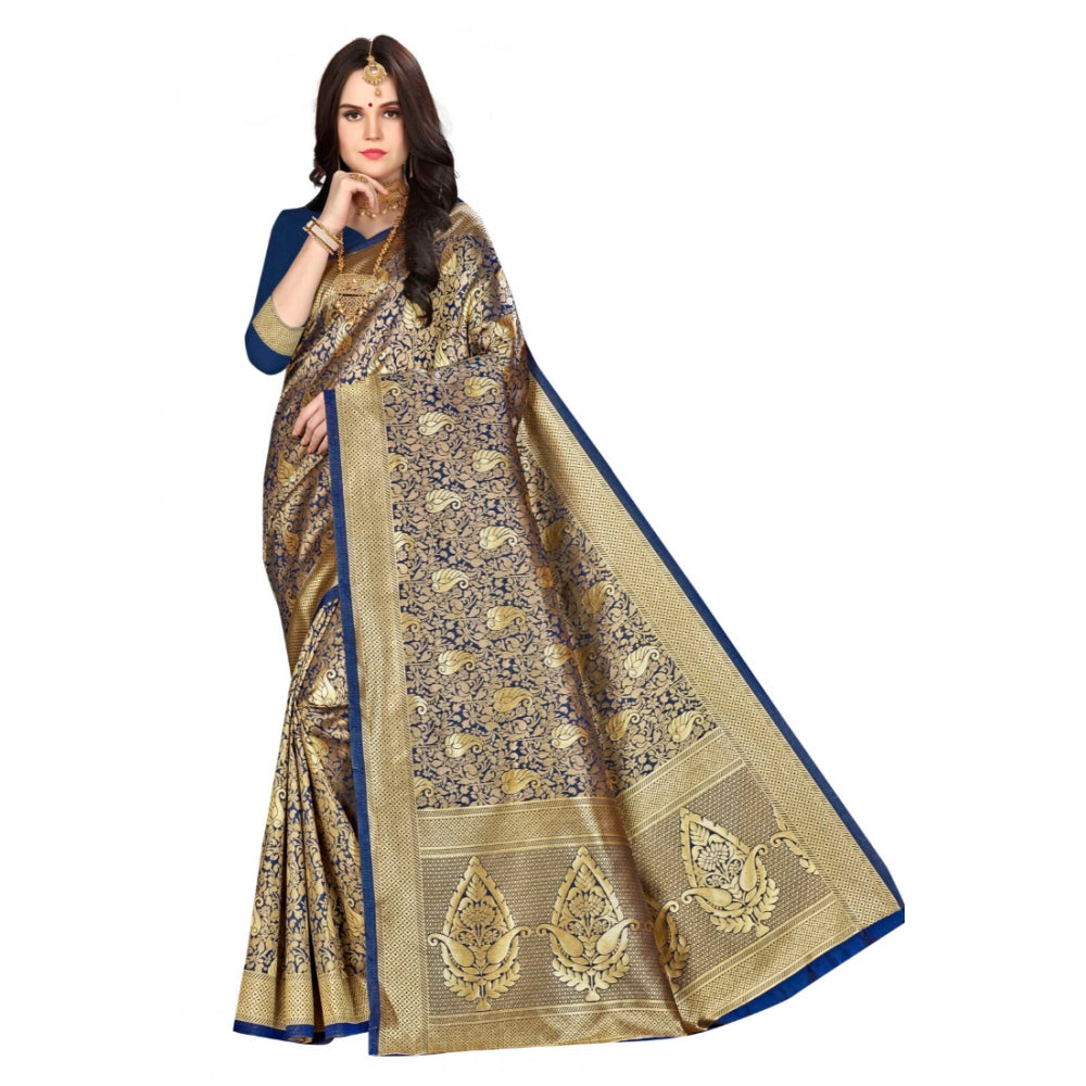 Generic Women's Banarasi silk Saree with Blouse (Navy blue, 5-6mtr) Main image