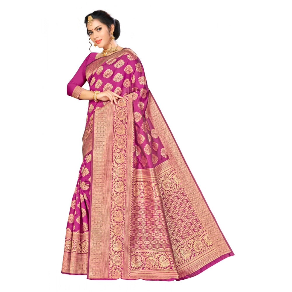 Generic Women's Banarasi silk Saree with Blouse (Wine, 5-6mtr) Secondary image