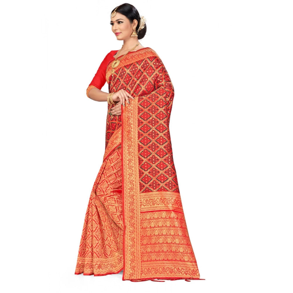 Generic Women's Banarasi silk Saree with Blouse (Red,black, 5-6mtr) Secondary image