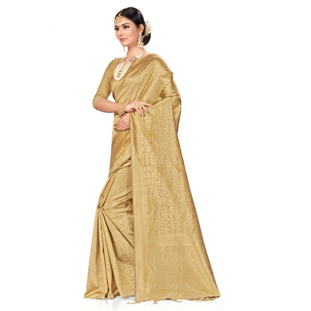 Generic Women's Banarasi Silk Saree (Cream, 5-6mtrs) Secondary image