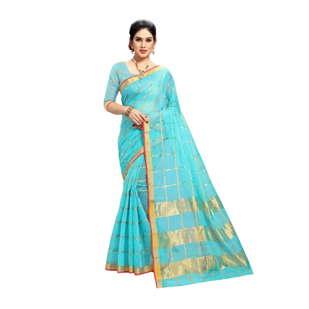 Generic Women's Kota Doria Cotton Saree With Blouse (Sky Blue,6-3 Mtrs) Main image
