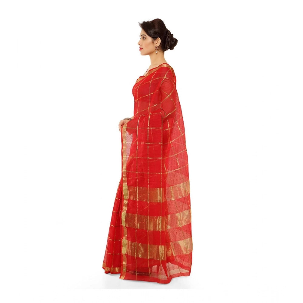 Generic Women's Kota Doria Cotton Saree With Blouse (Red,6-3 Mtrs) Secondary image