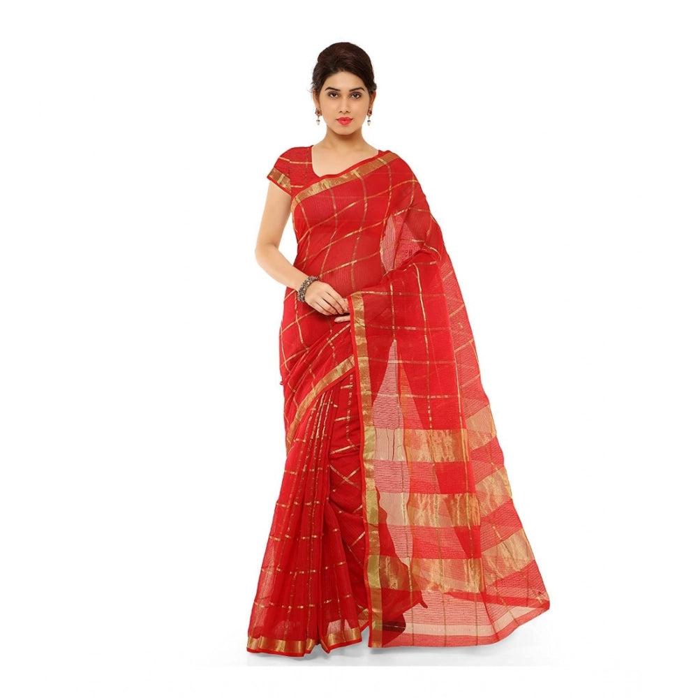 Generic Women's Kota Doria Cotton Saree With Blouse (Red,6-3 Mtrs) Main image