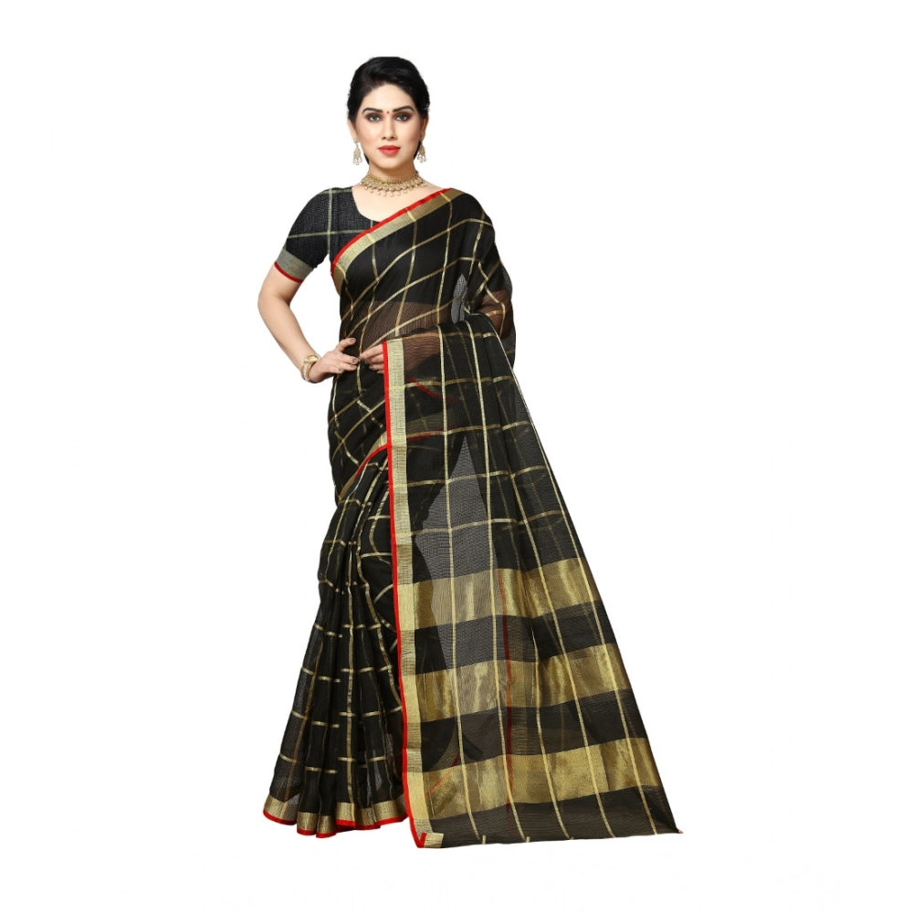 Generic Women's Kota Doria Cotton Saree With Blouse (Black,6-3 Mtrs) Main image