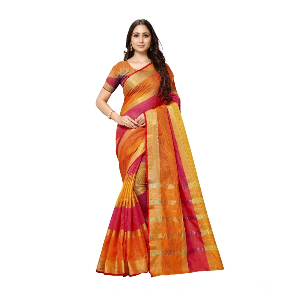 Generic Women's Kota Doria Cotton Saree With Blouse (Orange,6-3 Mtrs) Main image
