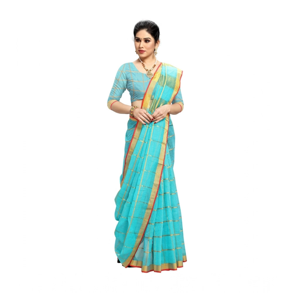 Generic Women's Kota Doria Cotton Saree With Blouse (Sky Blue,6-3 Mtrs) Secondary image