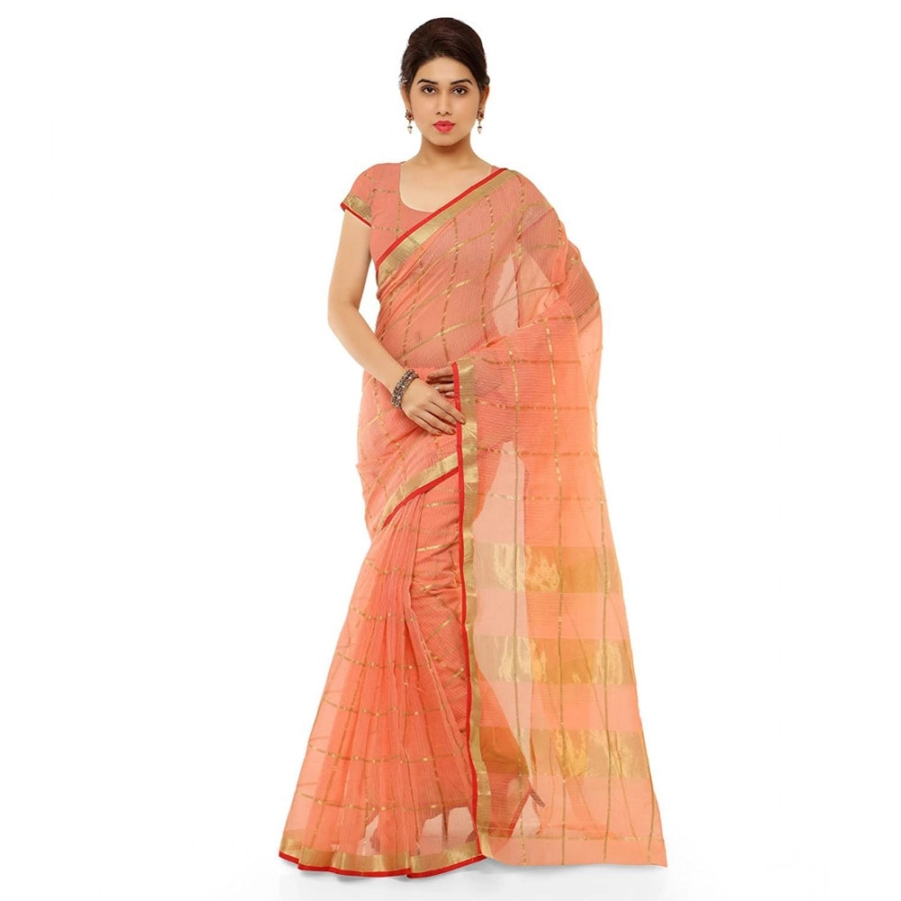 Generic Women's Kota Doria Cotton Saree With Blouse (Peach,6-3 Mtrs) Main image