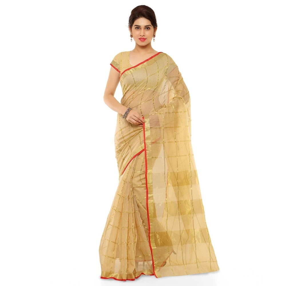 Generic Women's Kota Doria Cotton Saree With Blouse (Chikoo,6-3 Mtrs) Main image