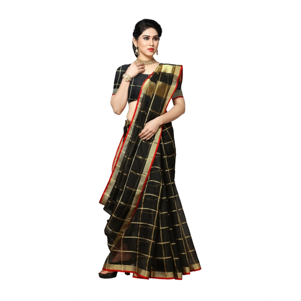 Generic Women's Kota Doria Cotton Saree With Blouse (Black,6-3 Mtrs) Secondary image