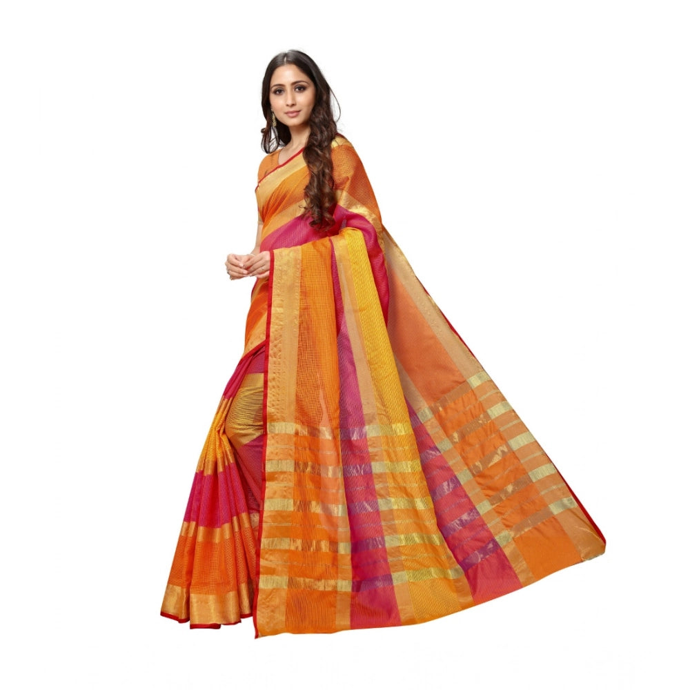 Generic Women's Kota Doria Cotton Saree With Blouse (Orange,6-3 Mtrs) Secondary image