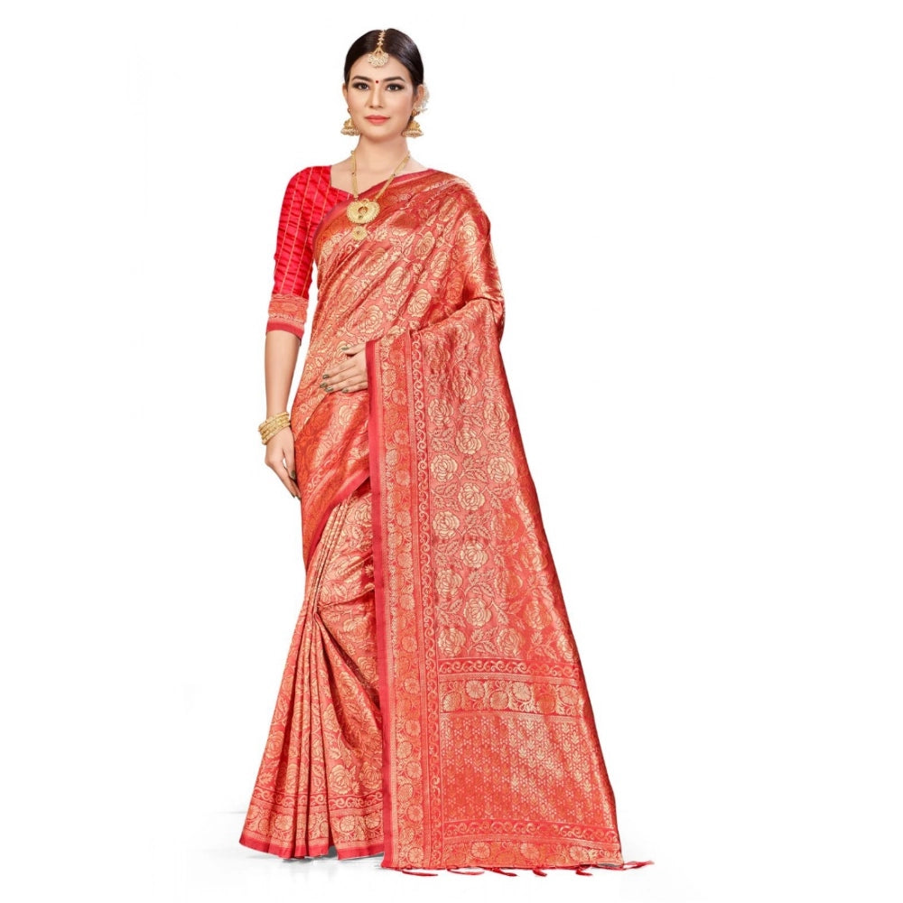 Generic Women's Banarasi Silk Saree (Peach,5-6 Mtrs) Main image