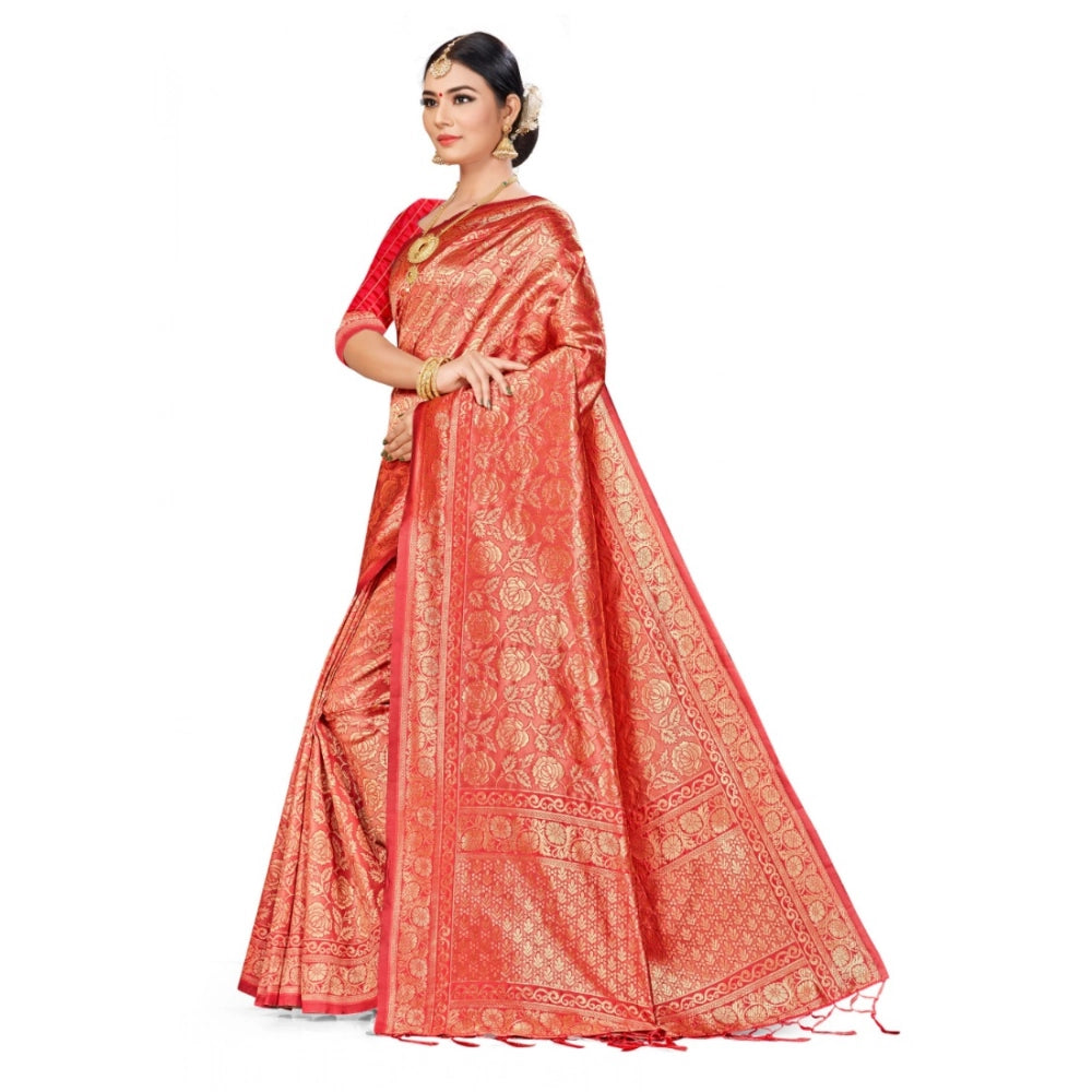 Generic Women's Banarasi Silk Saree (Peach,5-6 Mtrs) Secondary image
