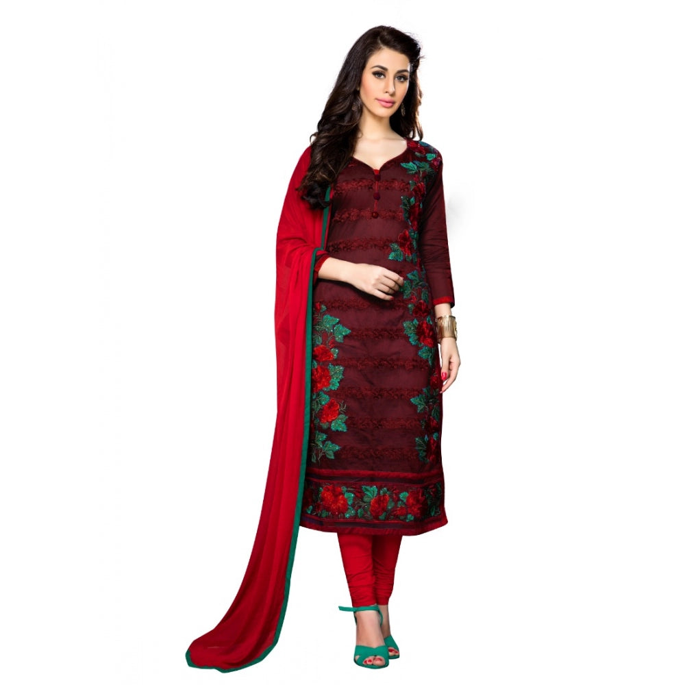 Generic Women's Cotton Unstitched Salwar Suit-Material With Dupatta (Dark Maroon,2.3 Mtrs) Main image