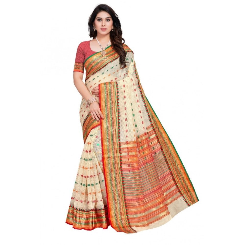 Generic Women's Kota Doria Cotton Woven Butta Saree With Blouse (Cream, 5-6 Mtrs) Main image
