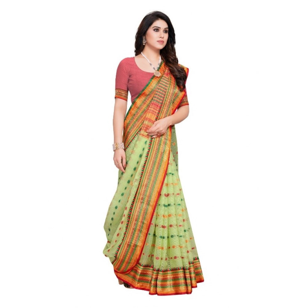 Generic Women's Kota Doria Cotton Woven Butta Saree With Blouse (Light Green, 5-6 Mtrs) Secondary image