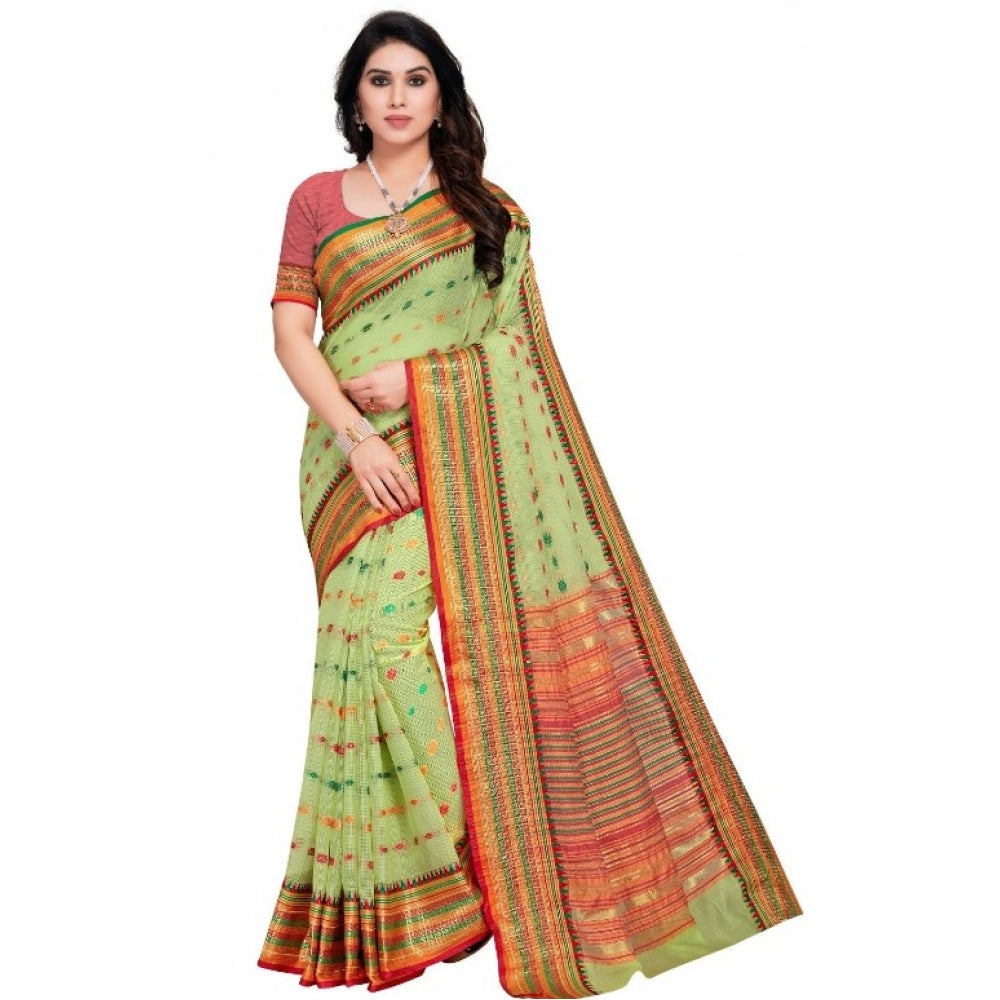 Generic Women's Kota Doria Cotton Woven Butta Saree With Blouse (Light Green, 5-6 Mtrs) Main image