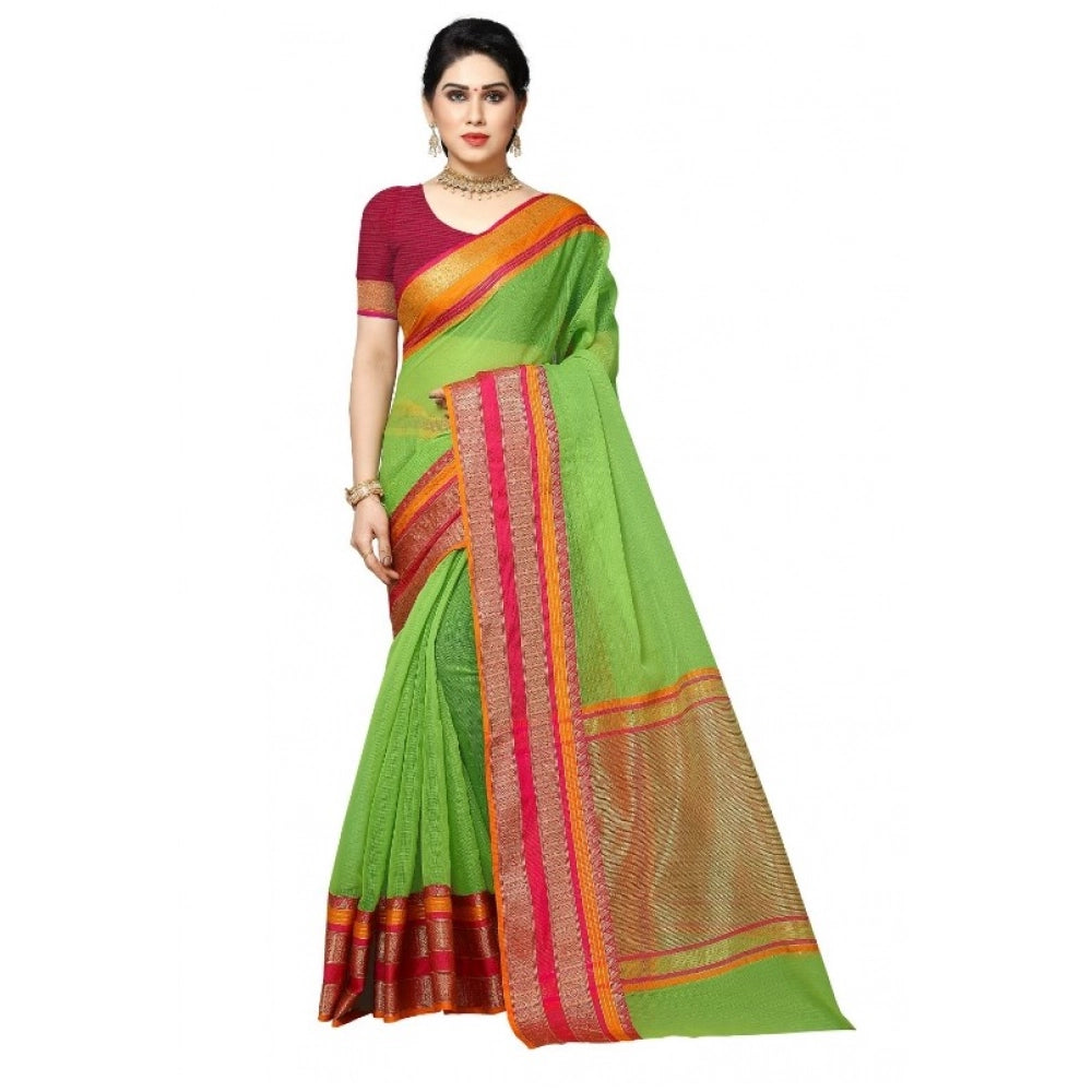 Generic Women's Kota Doria Cotton Border Saree With Blouse (Light Green, 5-6 Mtrs) Main image
