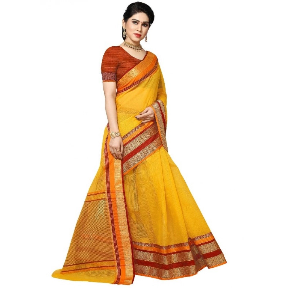 Generic Women's Kota Doria Cotton Border Saree With Blouse (Yellow, 5-6 Mtrs) Secondary image