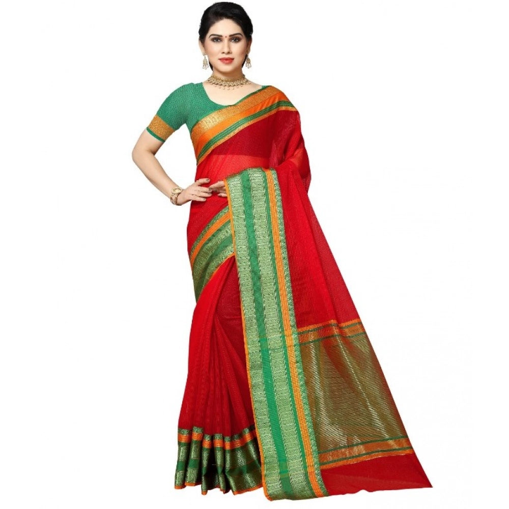 Generic Women's Kota Doria Cotton Border Saree With Blouse (Red, 5-6 Mtrs) Main image
