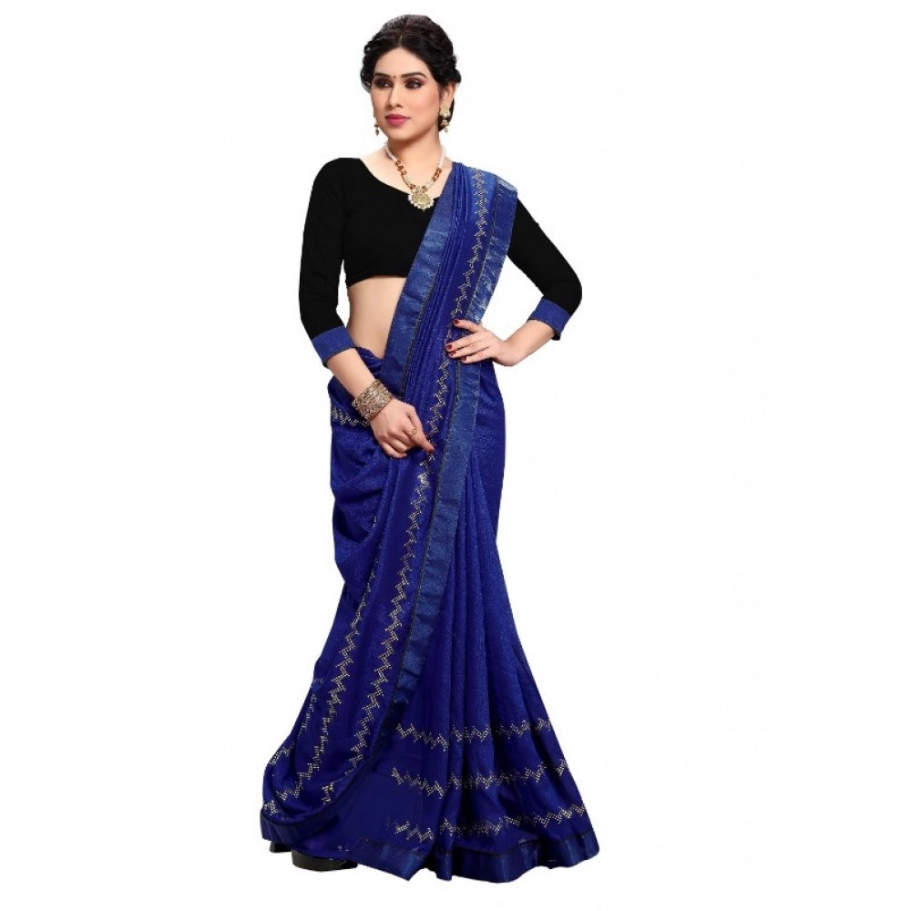 Generic Women's Vichitra Silk HotFix Stone Work Saree With Blouse (Blue, 5-6 Mtrs) Secondary image