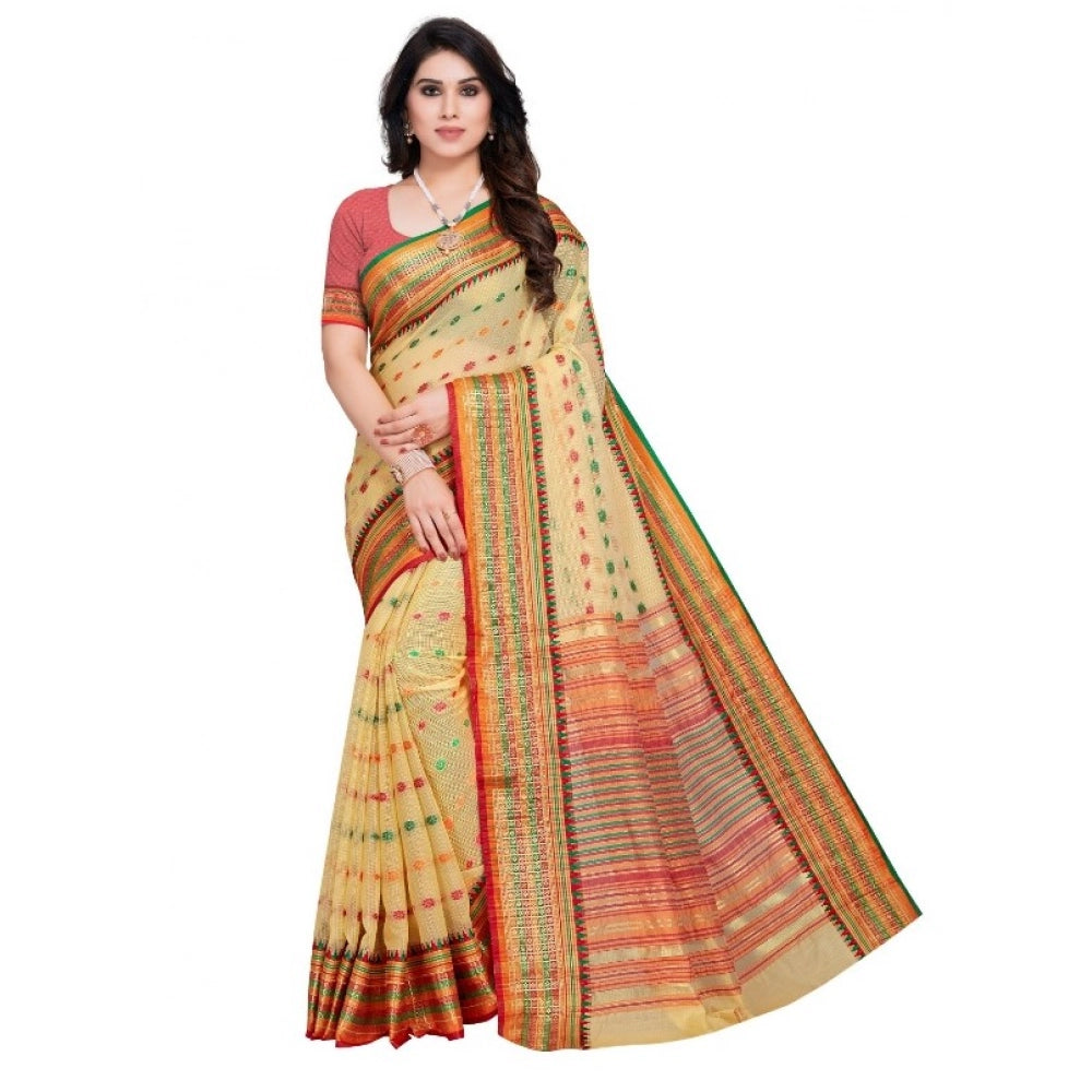 Generic Women's Kota Doria Cotton Woven Butta Saree With Blouse (Beige, 5-6 Mtrs) Main image