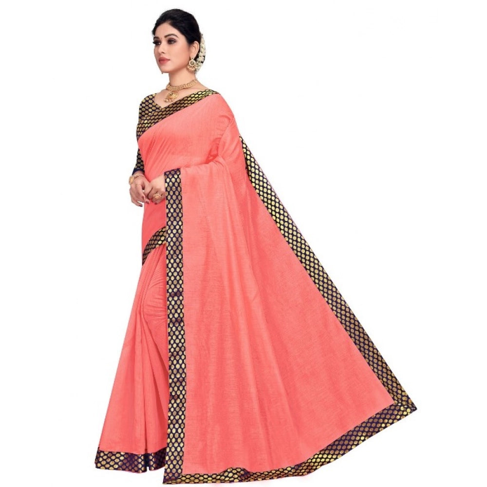Generic Women's Chanderi Cotton Lace Border Saree With Blouse (Peach, 5-6 Mtrs) Secondary image