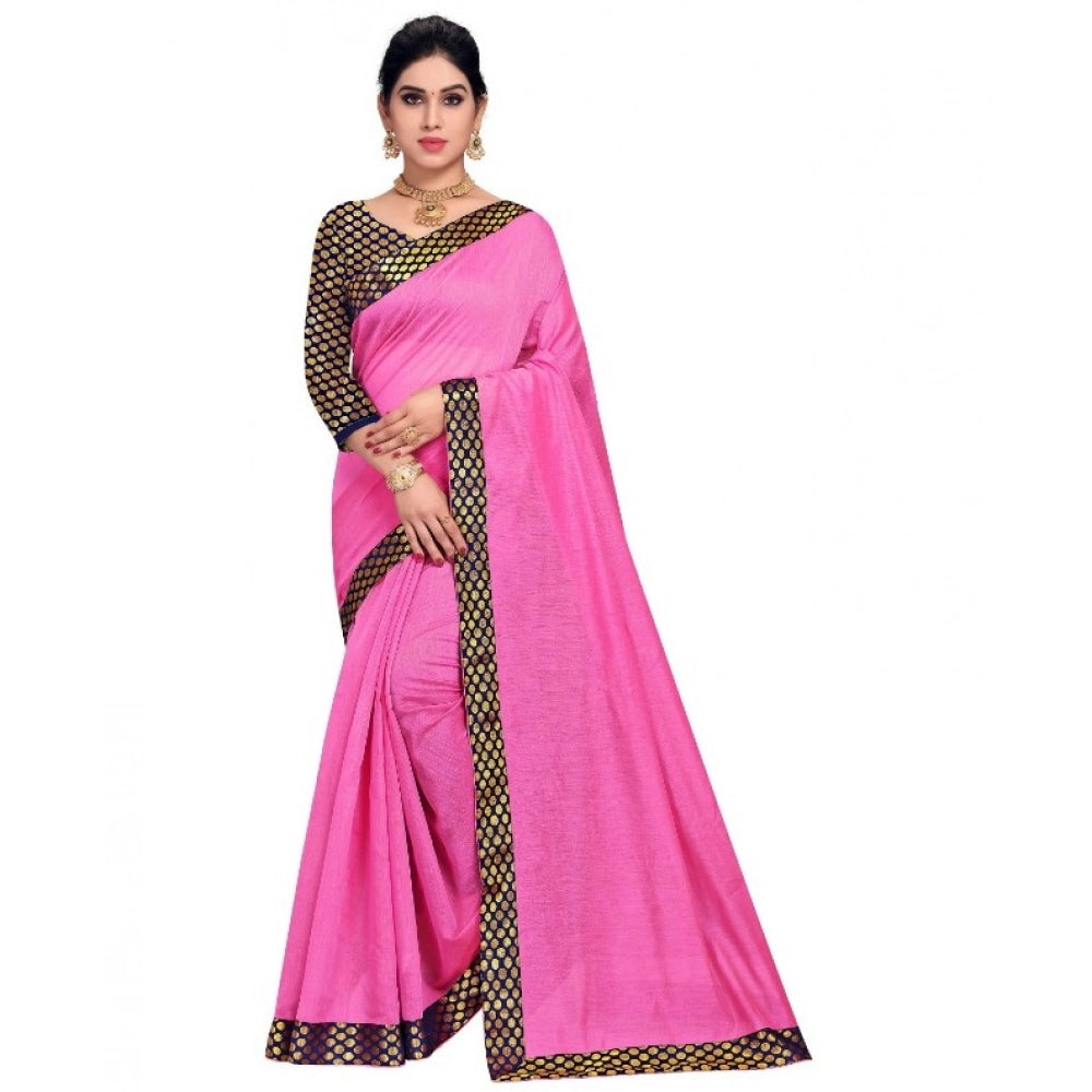 Generic Women's Chanderi Cotton Lace Border Saree With Blouse (Pink, 5-6 Mtrs) Main image
