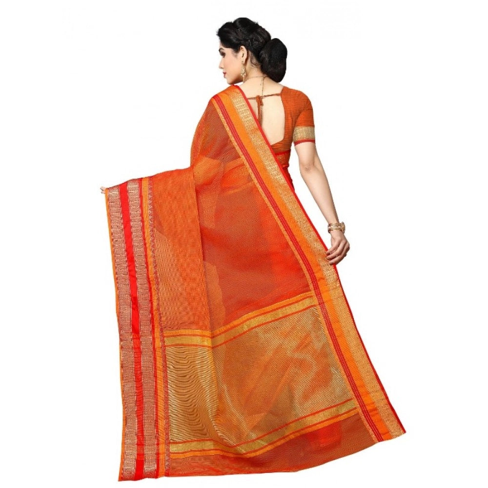 Generic Women's Kota Doria Cotton Border Saree With Blouse (Orange, 5-6 Mtrs) Secondary image