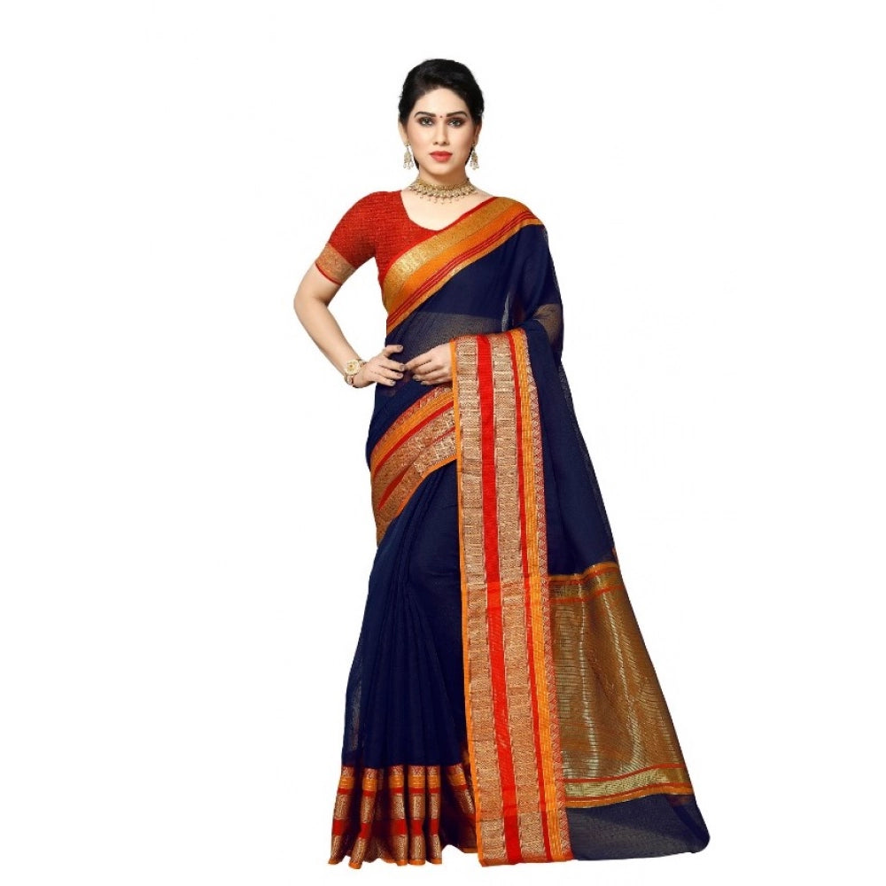 Generic Women's Kota Doria Cotton Border Saree With Blouse (Navy Blue, 5-6 Mtrs) Main image
