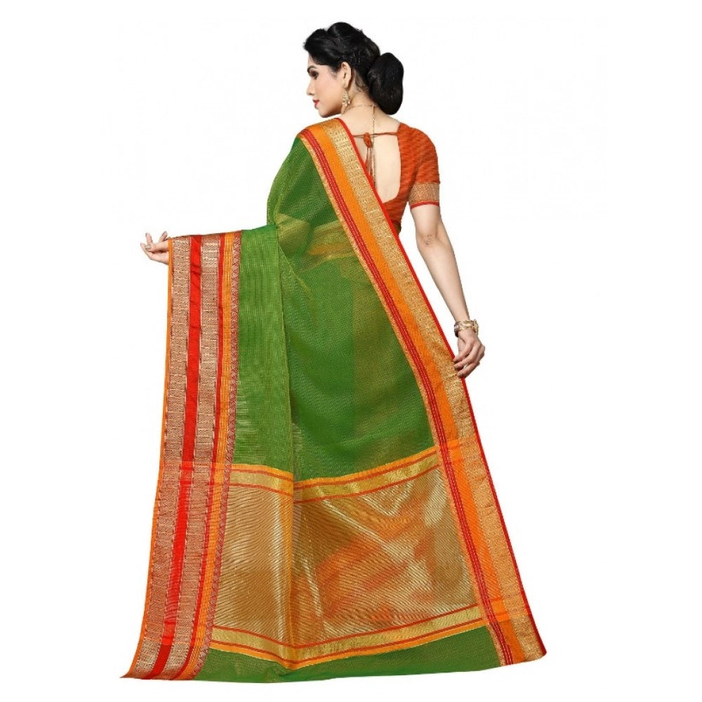 Generic Women's Kota Doria Cotton Border Saree With Blouse (Green, 5-6 Mtrs) Secondary image