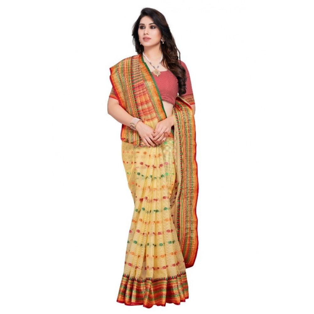 Generic Women's Kota Doria Cotton Woven Butta Saree With Blouse (Beige, 5-6 Mtrs) Secondary image