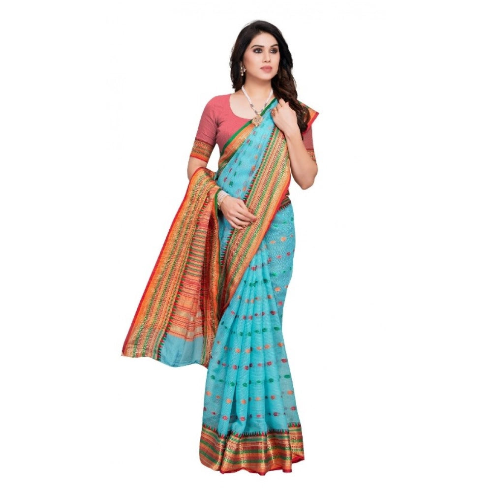Generic Women's Kota Doria Cotton Woven Butta Saree With Blouse (Sky Blue, 5-6 Mtrs) Secondary image