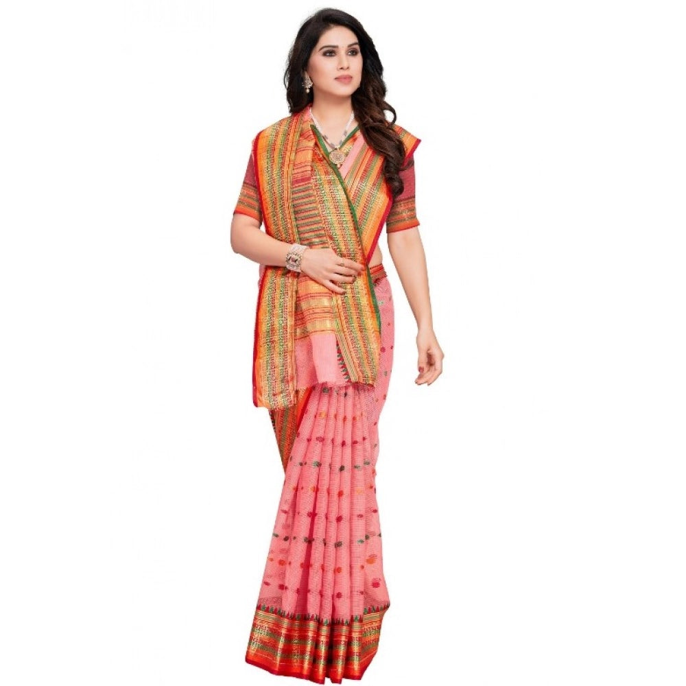 Generic Women's Kota Doria Cotton Woven Butta Saree With Blouse (Pink, 5-6 Mtrs) Secondary image