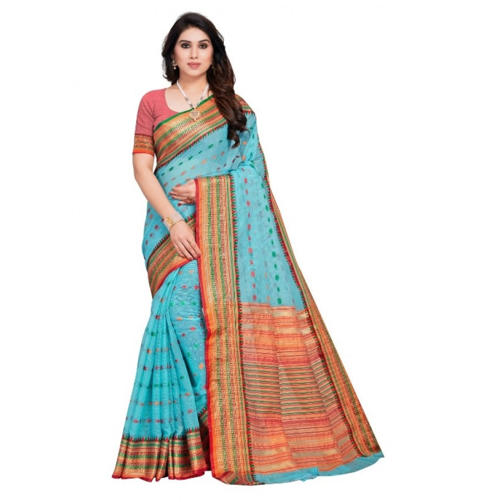Generic Women's Kota Doria Cotton Woven Butta Saree With Blouse (Sky Blue, 5-6 Mtrs) Main image