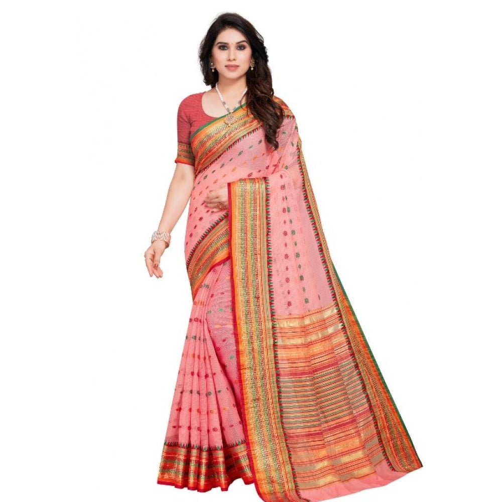 Generic Women's Kota Doria Cotton Woven Butta Saree With Blouse (Pink, 5-6 Mtrs) Main image
