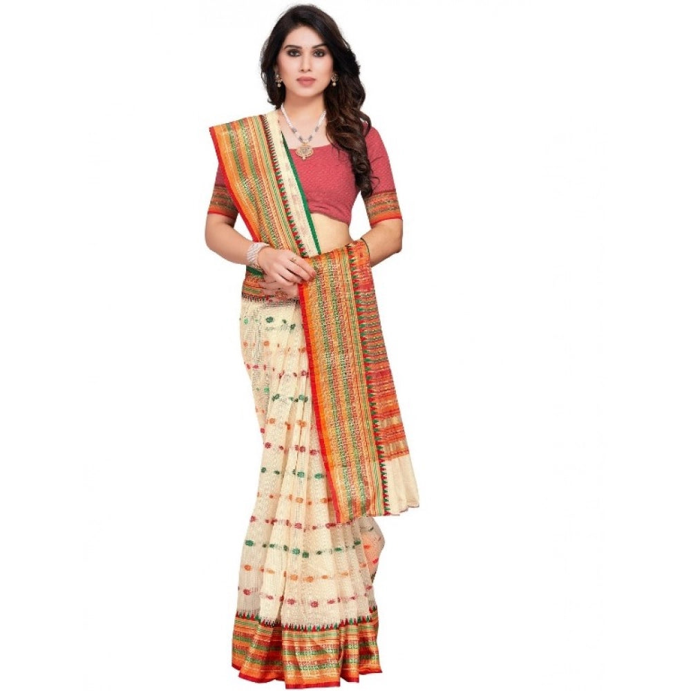 Generic Women's Kota Doria Cotton Woven Butta Saree With Blouse (Cream, 5-6 Mtrs) Secondary image